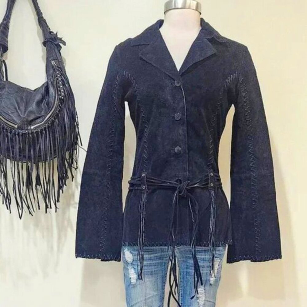 🍁💋STUNNING BOHO CHIC💋🍁VTG 100% Leather Jacket w/ Stitching & Fringe Details